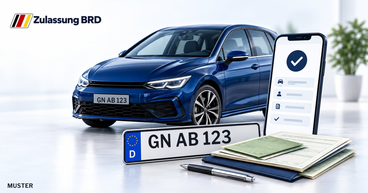 Online Fahrzeugzulassung in Maintal: Musterkennzeichen GN AB 123, Auto und Fahrzeugpapiere und Smartphone. Illustration mit Logo von Zulassung BRD.